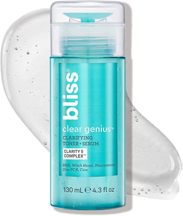 Bliss Clear Genius Clarifying Toner + Serum – 4.3 Fl Oz – Purifies Pores, Tones, Calms & Clears Skin – Salicylic Acid, Niacinamide & Witch Hazel – Clean Paraben Free – Vegan & Cruelty-Free